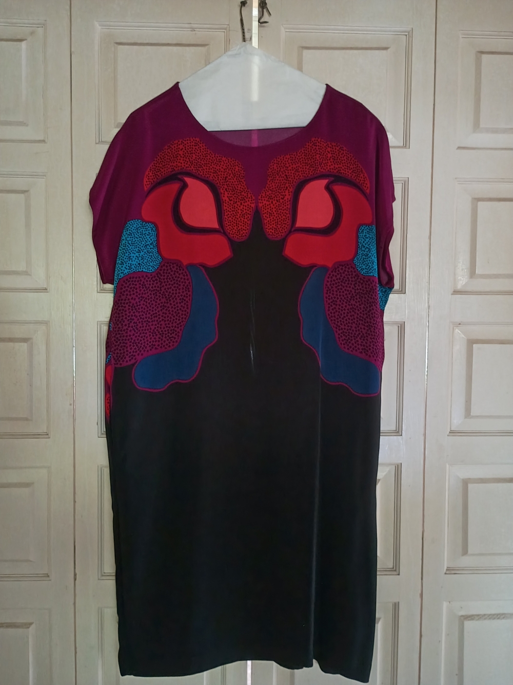 Diane Von Furstenberg Black Midi Dress with Magenta, Red & Teal Floral Panels